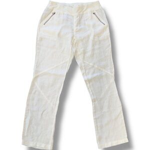 XCVI Linen High Waist Pants M Pull On Cargo‎ Zipper Pockets White Straight Leg
